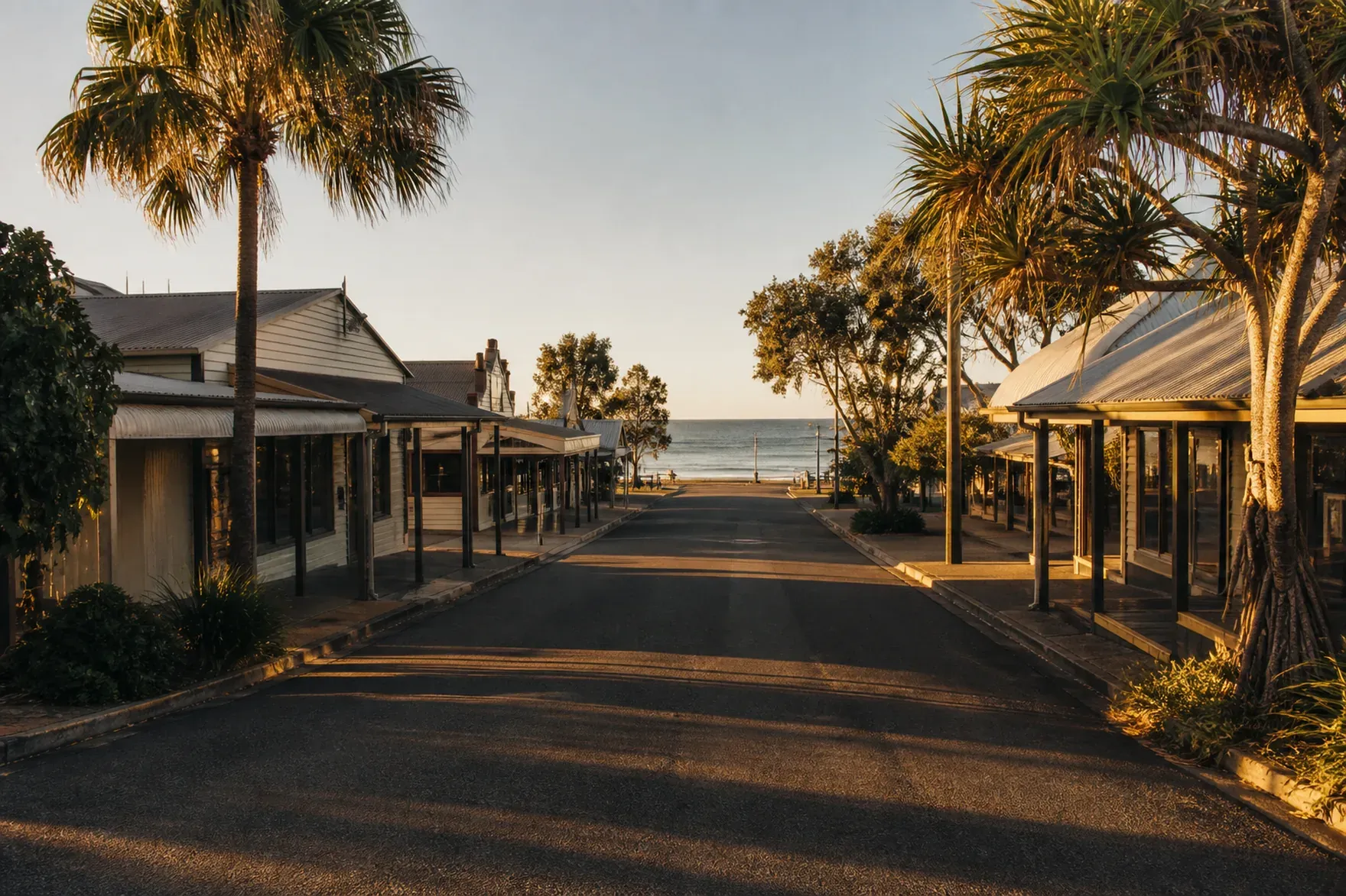 An empty Byron Bay street of low weatherboard shopfronts at golden hour, the beach at the far end. (AI-generated image)