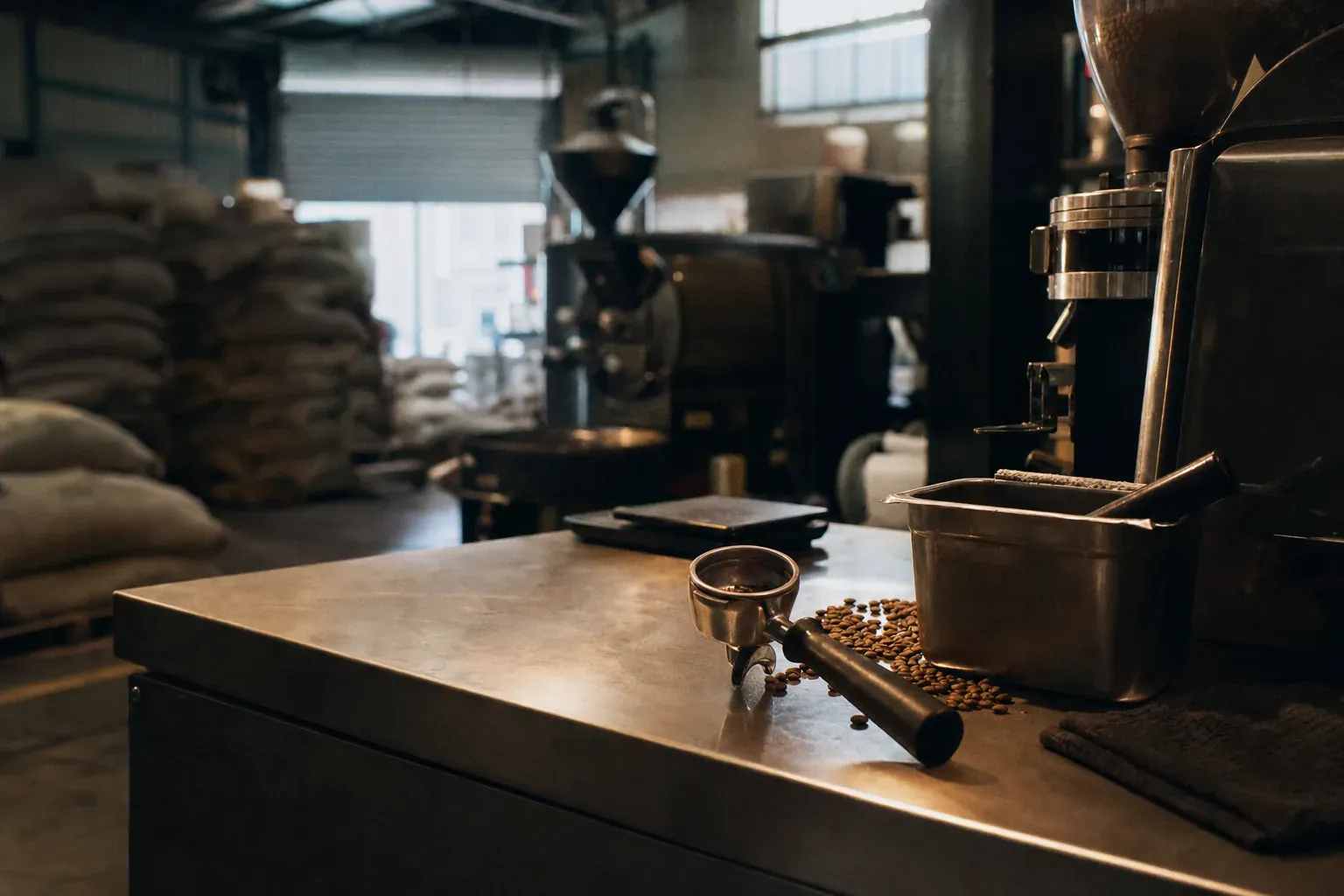 A stainless bench in a roastery shed: a portafilter and loose roasted beans beside a grinder, with a drum roaster and stacked hessian sacks of green coffee behind. (AI-generated image)