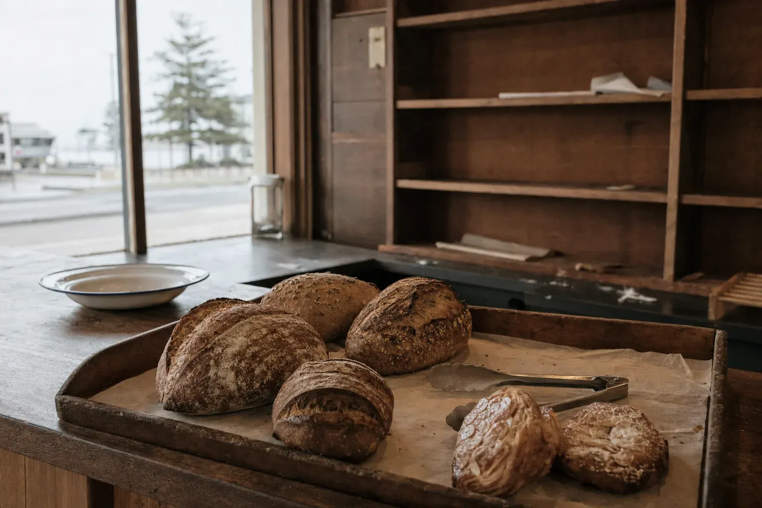 A wooden tray of sourdough loaves and two pastries with a pair of tongs on a bakery counter, the shelves behind it already empty and a shopfront window onto the street. (AI-generated image)