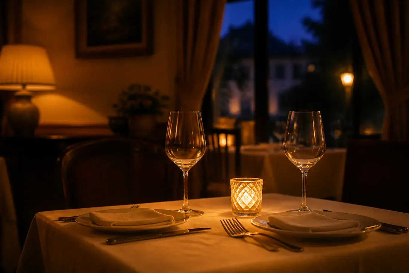A set restaurant table at dusk in a low-lit room, two wine glasses catching the lamplight. (AI-generated image)