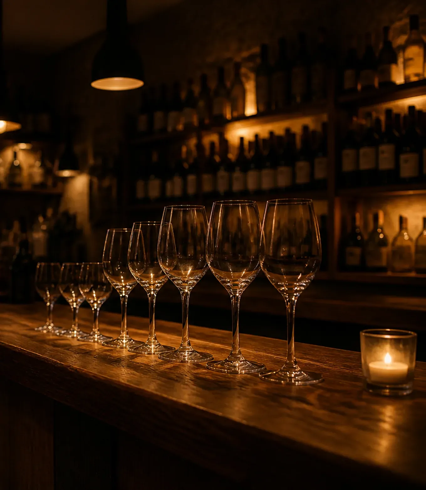 A row of empty stemmed wine glasses on a timber bar counter, bottles softly lit on shelves behind. (AI-generated image)