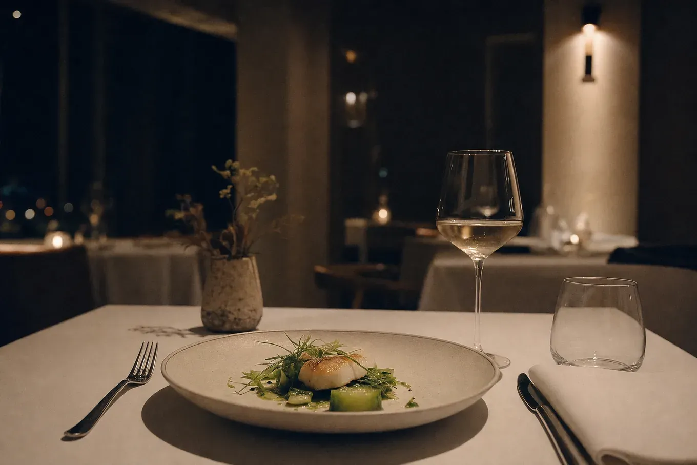 A single plated course on white linen in a dim dining room, one wine glass beside it and the tables behind in shadow. (AI-generated image)