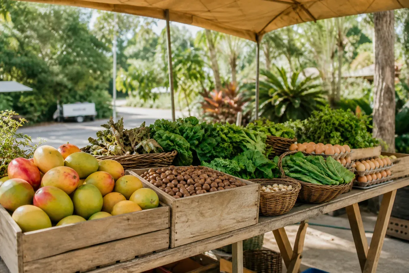 Crates of mangoes, macadamias and leafy greens on a trestle table under a canvas awning at a subtropical farmers market. (AI-generated image)