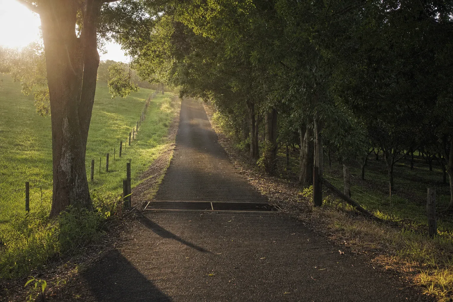 A narrow sealed lane crossing a cattle grid, open pasture and a wire fence on one side, an orchard in rows under trees on the other, low sun through the canopy. (AI-generated image)
