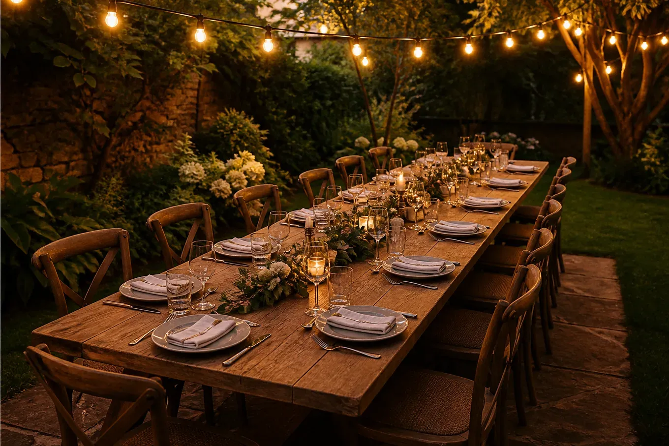 A long timber table set for twelve in a garden under strung festoon lights, chairs empty. (AI-generated image)