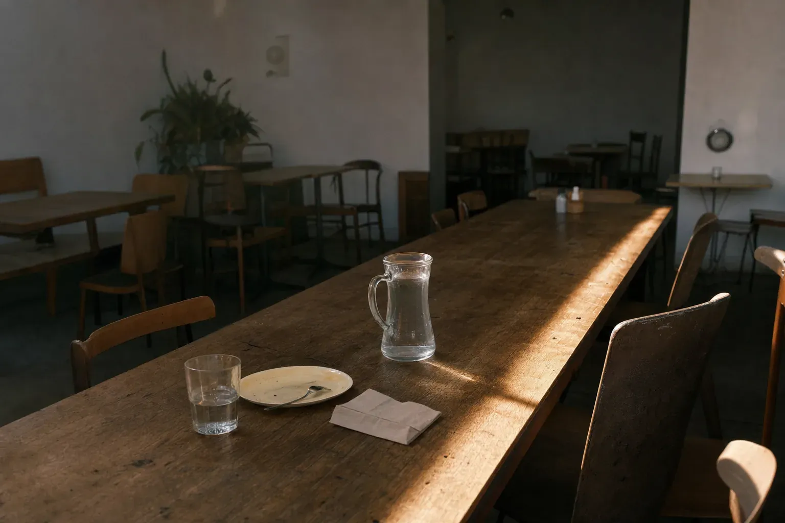 A long communal timber table, cleared except for a finished plate, a water glass and a jug, with a hard band of afternoon sun across it and the rest of the room empty. (AI-generated image)