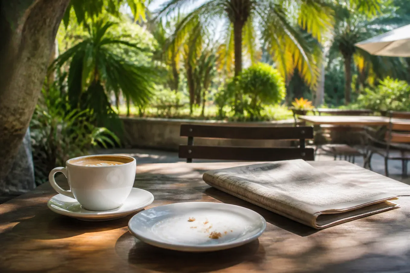 A sunlit outdoor cafe table in the late morning, a flat white and an empty plate under dappled light. (AI-generated image)