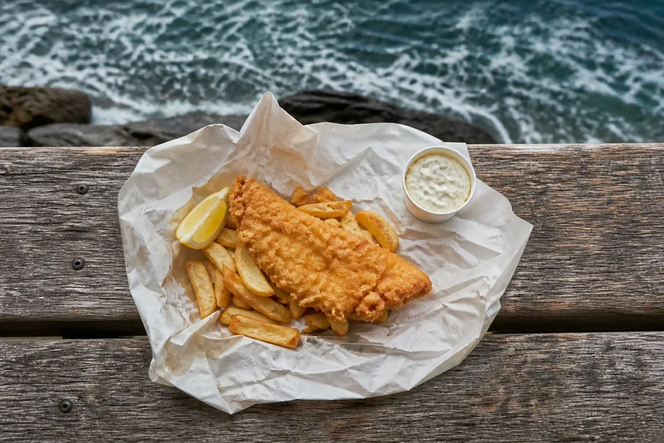 Fish and chips in butcher’s paper on a weathered timber bench beside the sea. (AI-generated image)